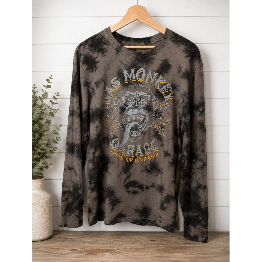 Gas Monkey Garage Long Sleeve Shirt Mens Medium Gray Tie Dye Graphic Tee